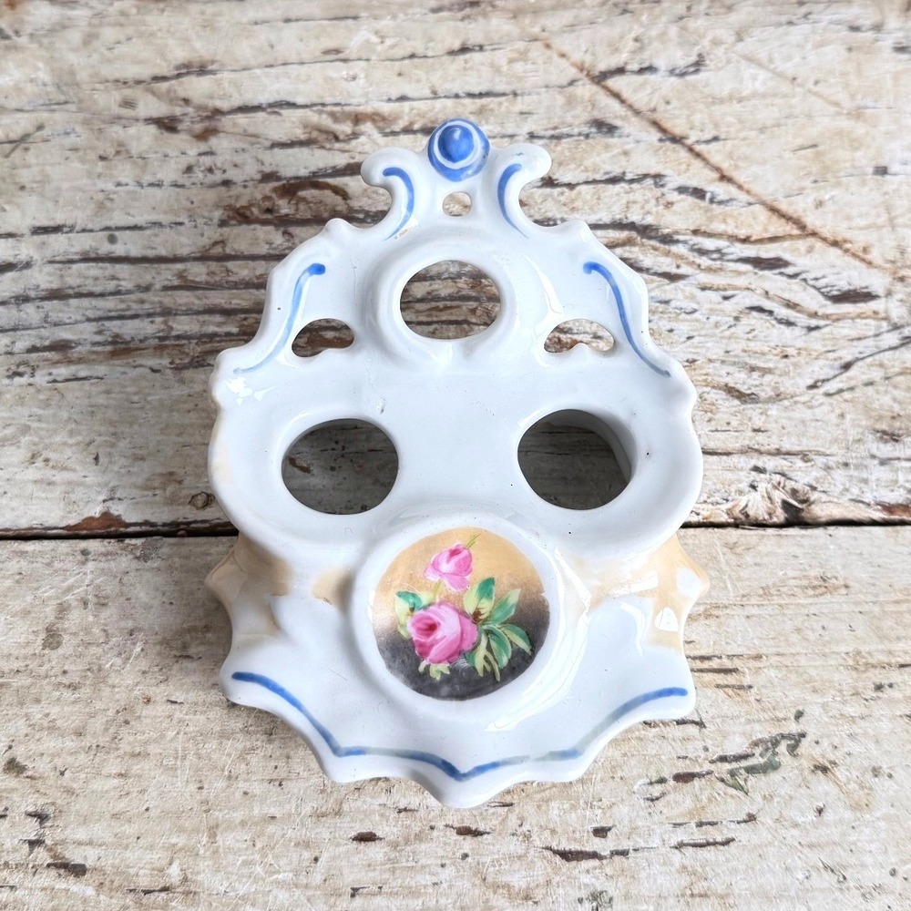 Antique Porcelain Toothbrush Holder Hand Painted Pink Rose Victorian Vanity